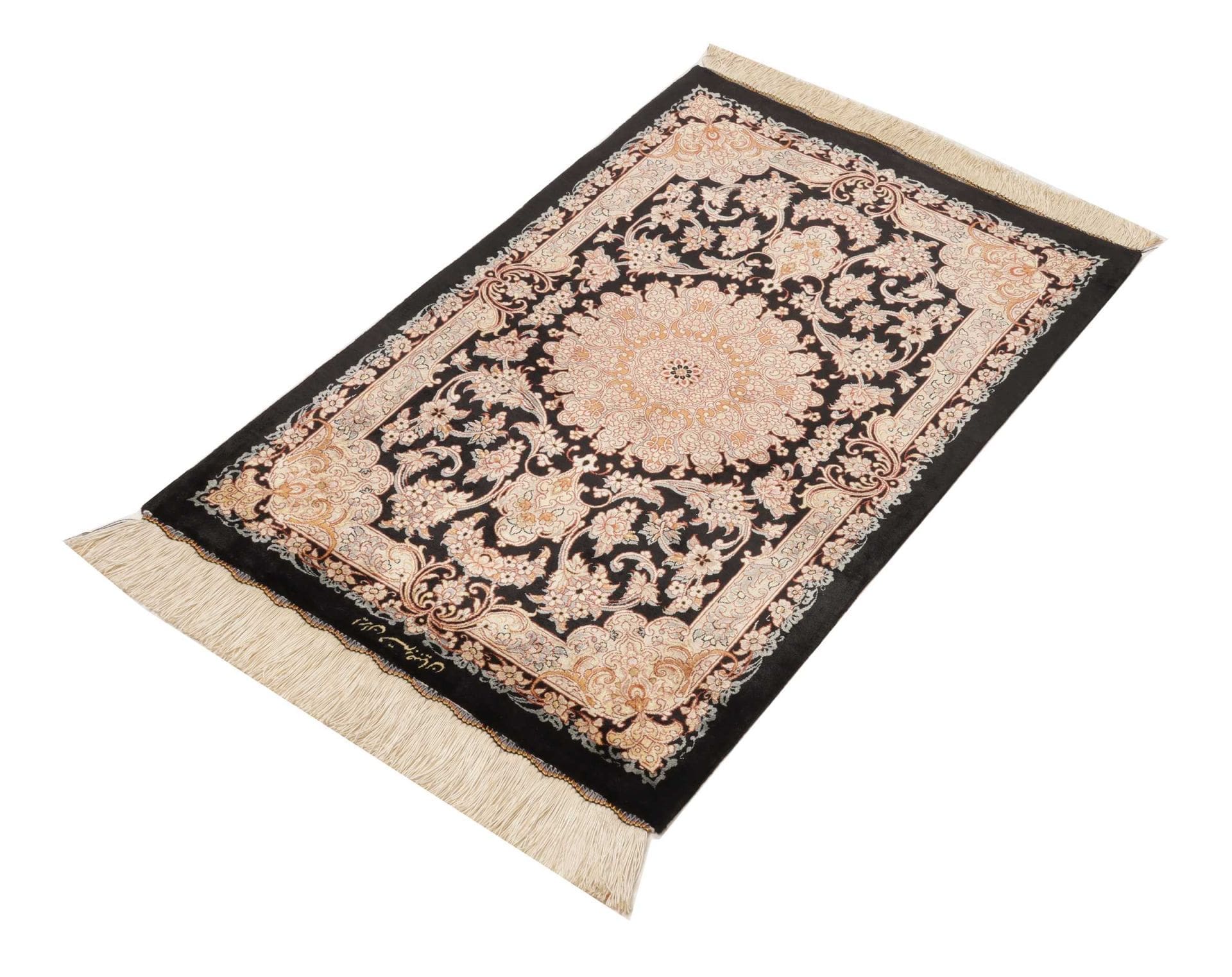 Ghom Teppich 65 x 90cm, Seide, florale Muster, handgeknüpft