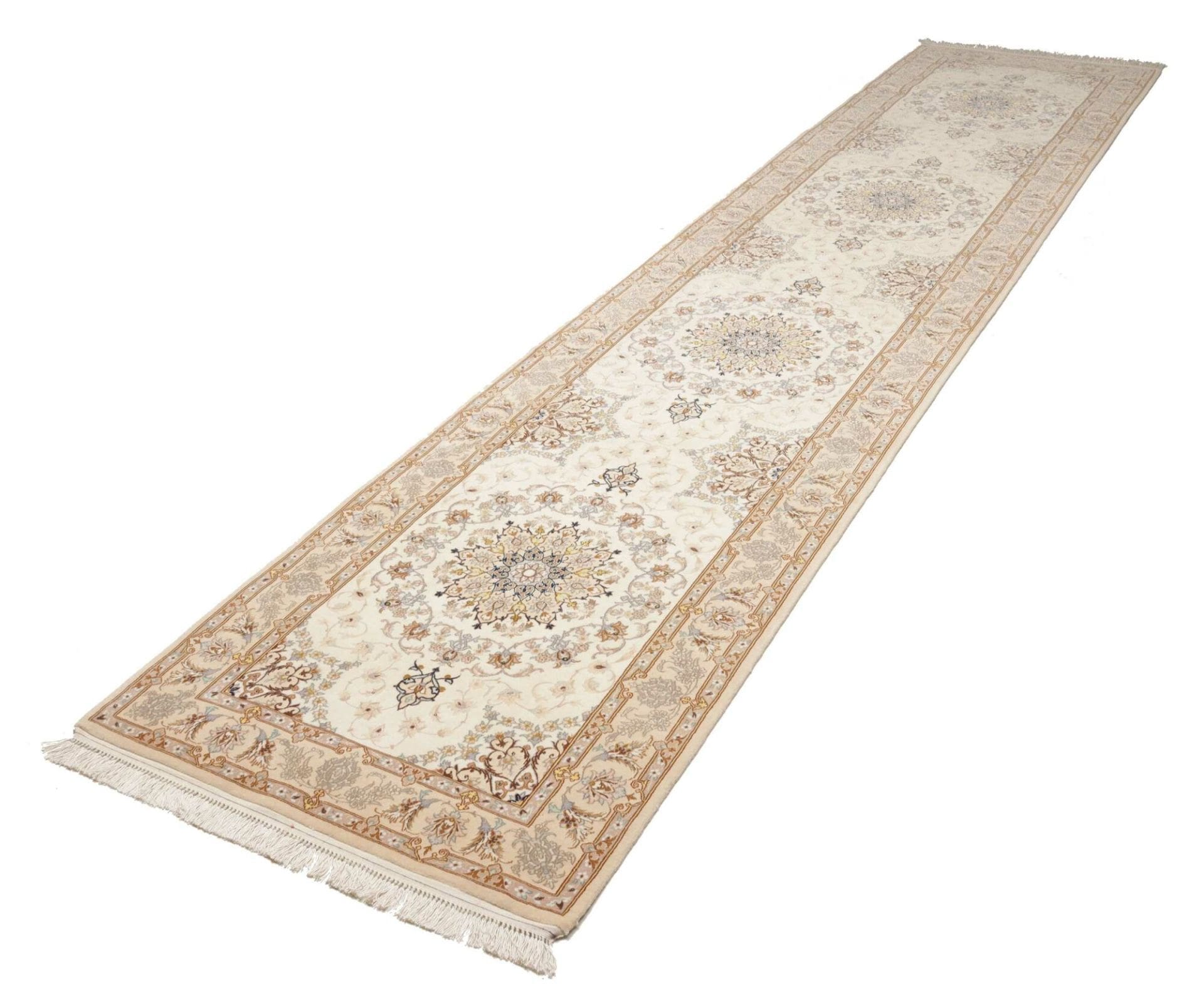 Isfahan Teppich 90 x 399 cm, 800.000 Knoten, Schurwolle, Seide, handgeknüpft