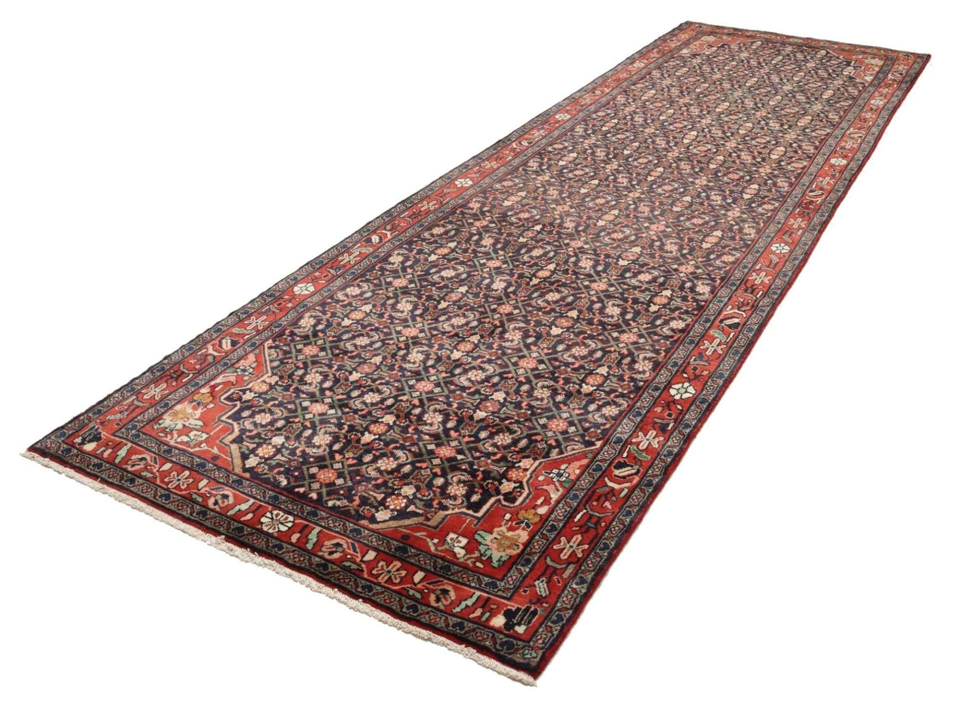Hamadan Teppich 131 x 413cm, Schurwolle, Herati Muster, handgeknüpft