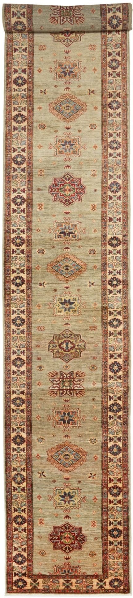 Kazak Teppich 86 x 578cm, Schurwolle, geometrische Muster, handgeknüpft