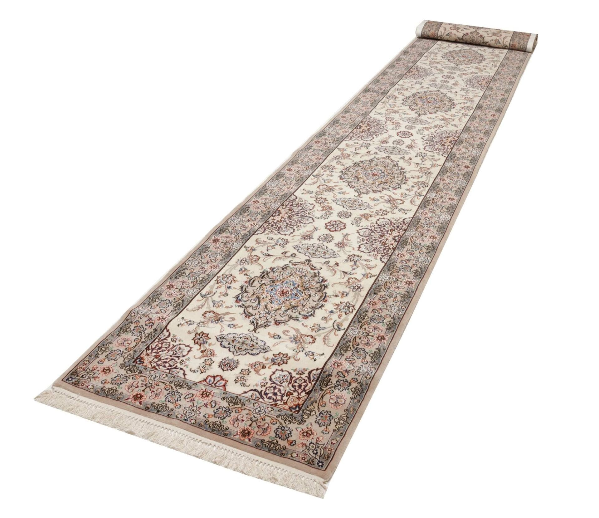 Isfahan Teppich 88 x 505 cm, 800K Knoten, florale Muster, handgeknüpft
