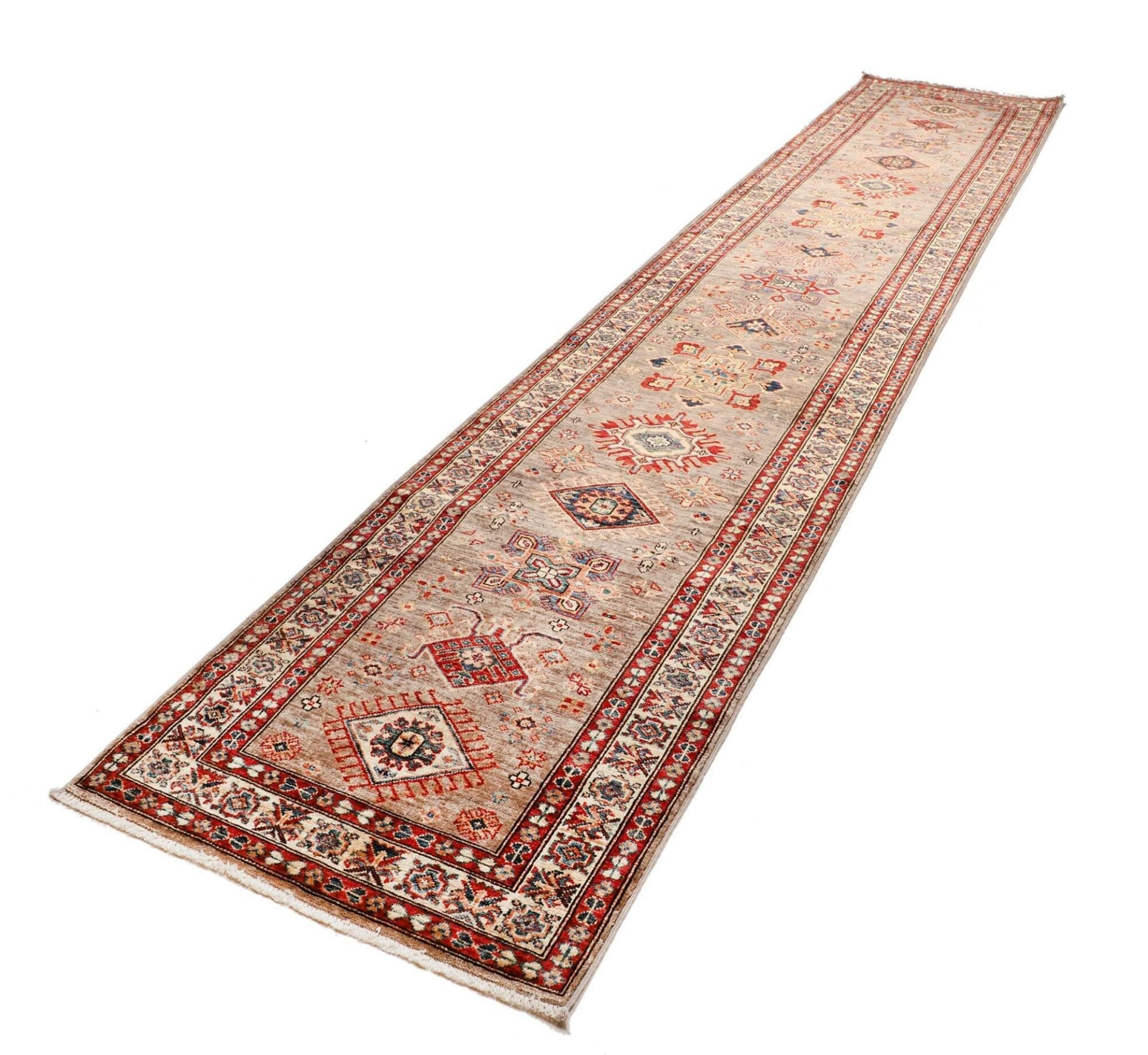 Kazak Orientteppich 92 x 423 cm, geometrisches Muster, handgeknüpft