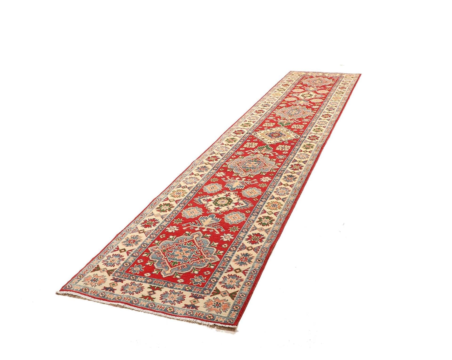 Kazak Teppich 84 x 402 cm, geometrisches Muster, handgeknüpft