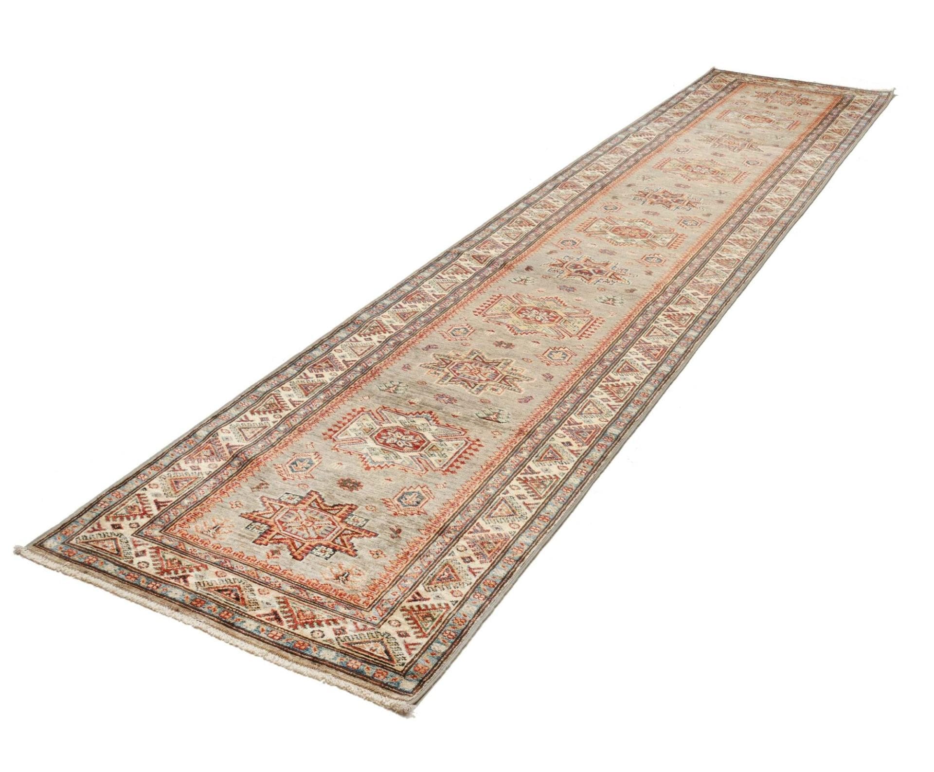 Kazak Orientteppich 89 x 413 cm, handgeknüpft, geometrische Muster