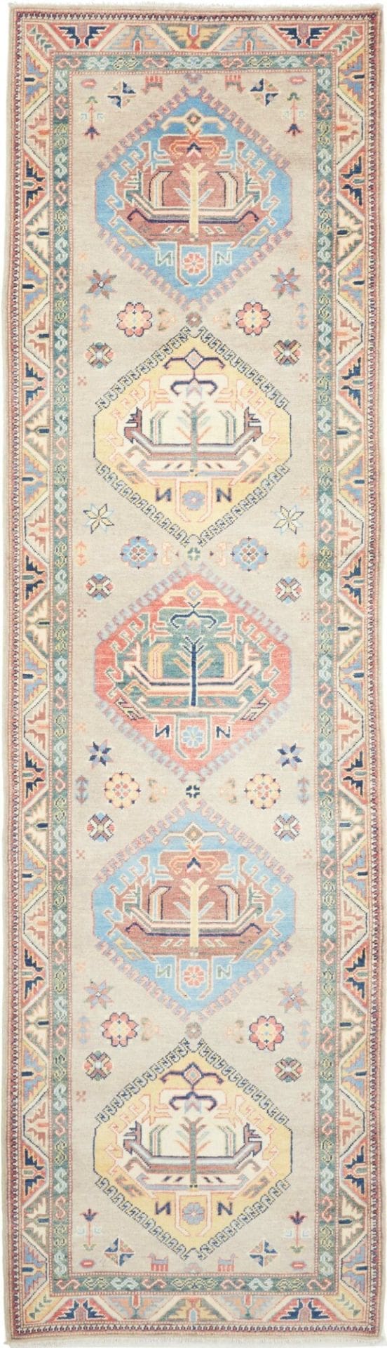 Kazak Teppich 89 x 307cm, Schurwolle, geometrisches Muster, handgeknüpft