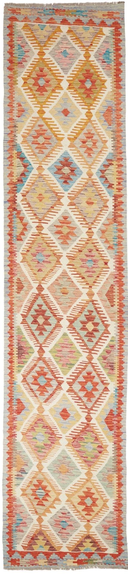 Kelim Teppich 84 x 389cm, Schurwolle, handgewebt, rustikales Flair