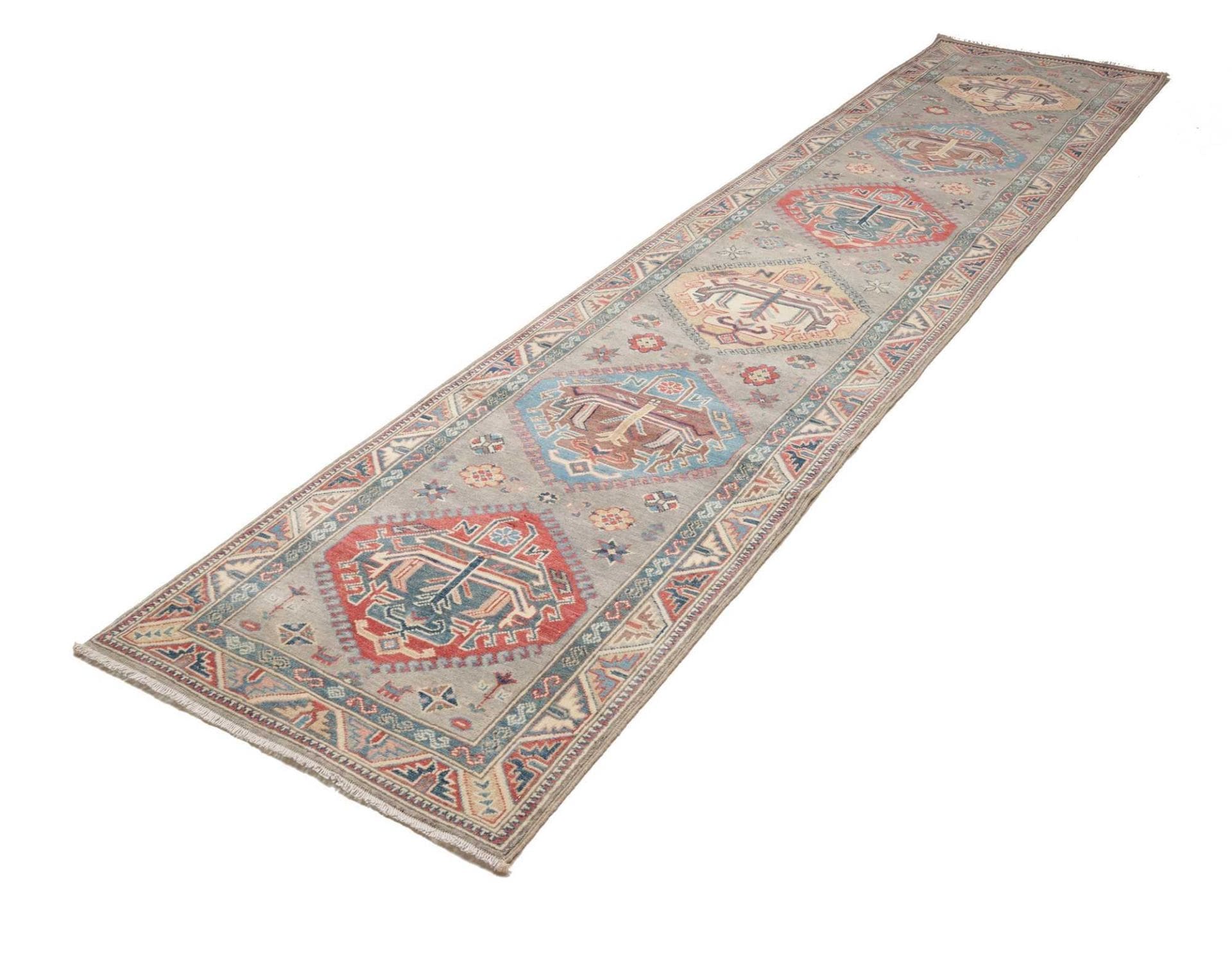 Kazak Teppich 87 x 362 cm, geometrisches Muster, handgeknüpft