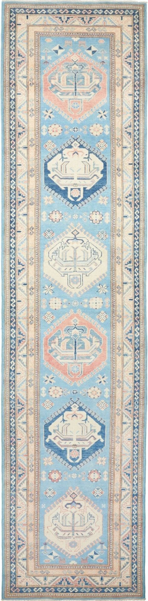 Kazak Teppich 94 x 398cm, geometrisches Muster, handgeknüpft