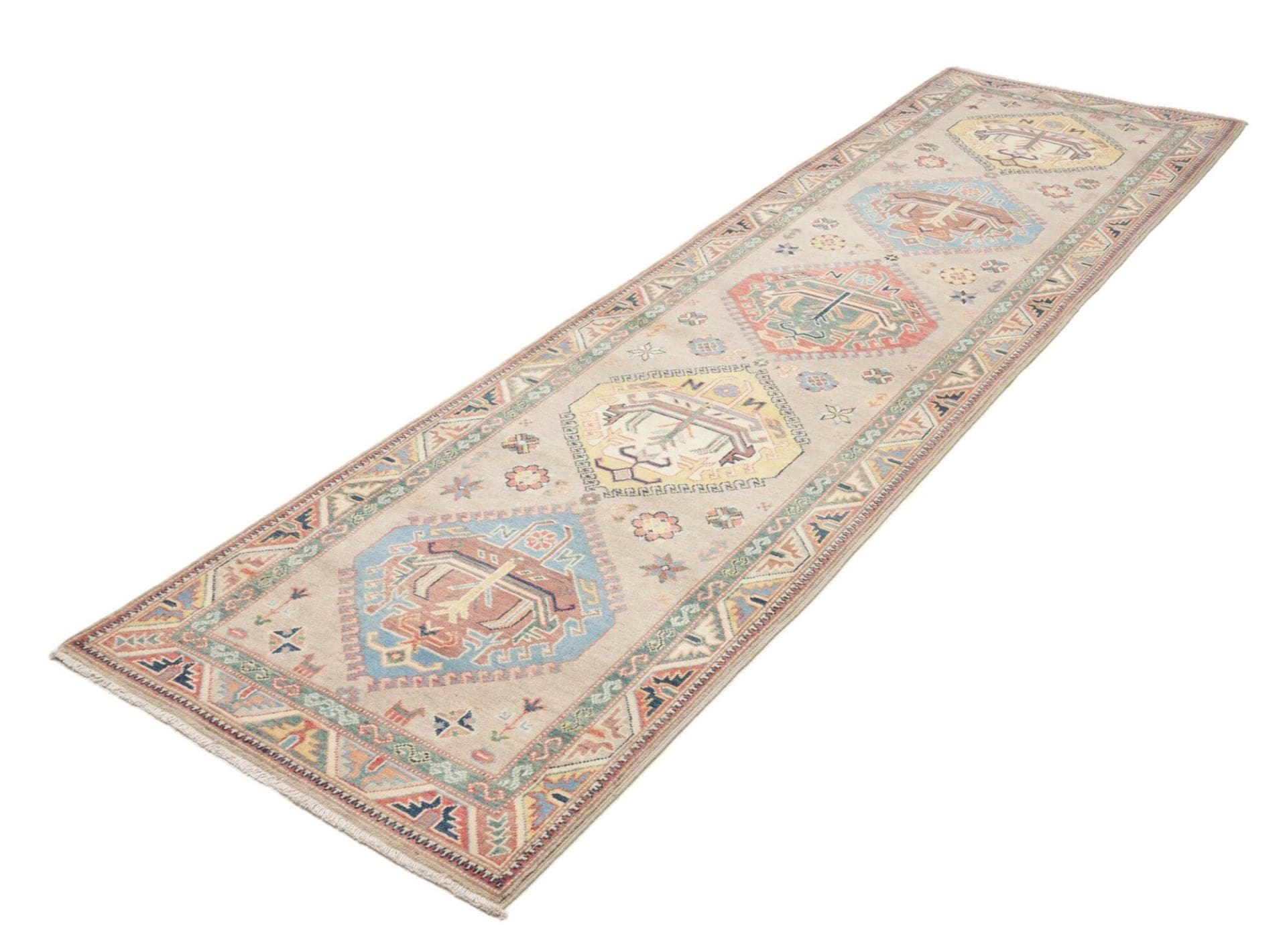 Kazak Teppich 89 x 307cm, Schurwolle, geometrisches Muster, handgeknüpft