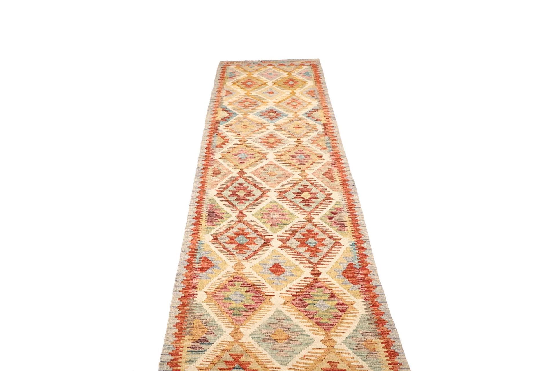 Kelim Teppich 84 x 389cm, Schurwolle, handgewebt, rustikales Flair