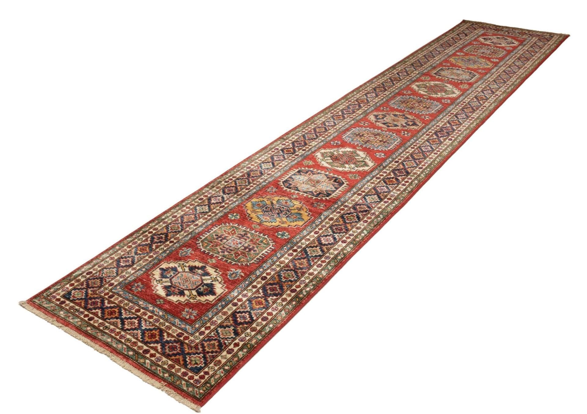 Kazak Teppich 85 x 400cm, geometrisches Muster, handgeknüpft