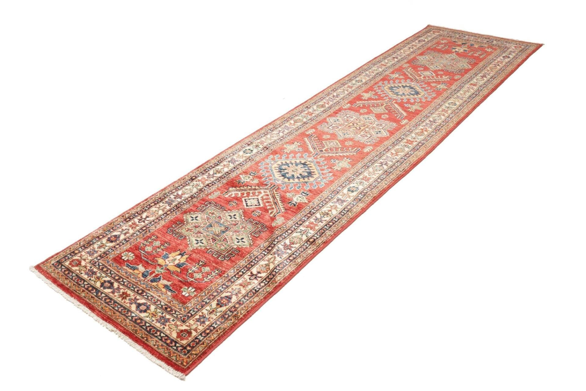 Kazak Orientteppich 83 x 316 cm, geometrisches Muster, handgeknüpft
