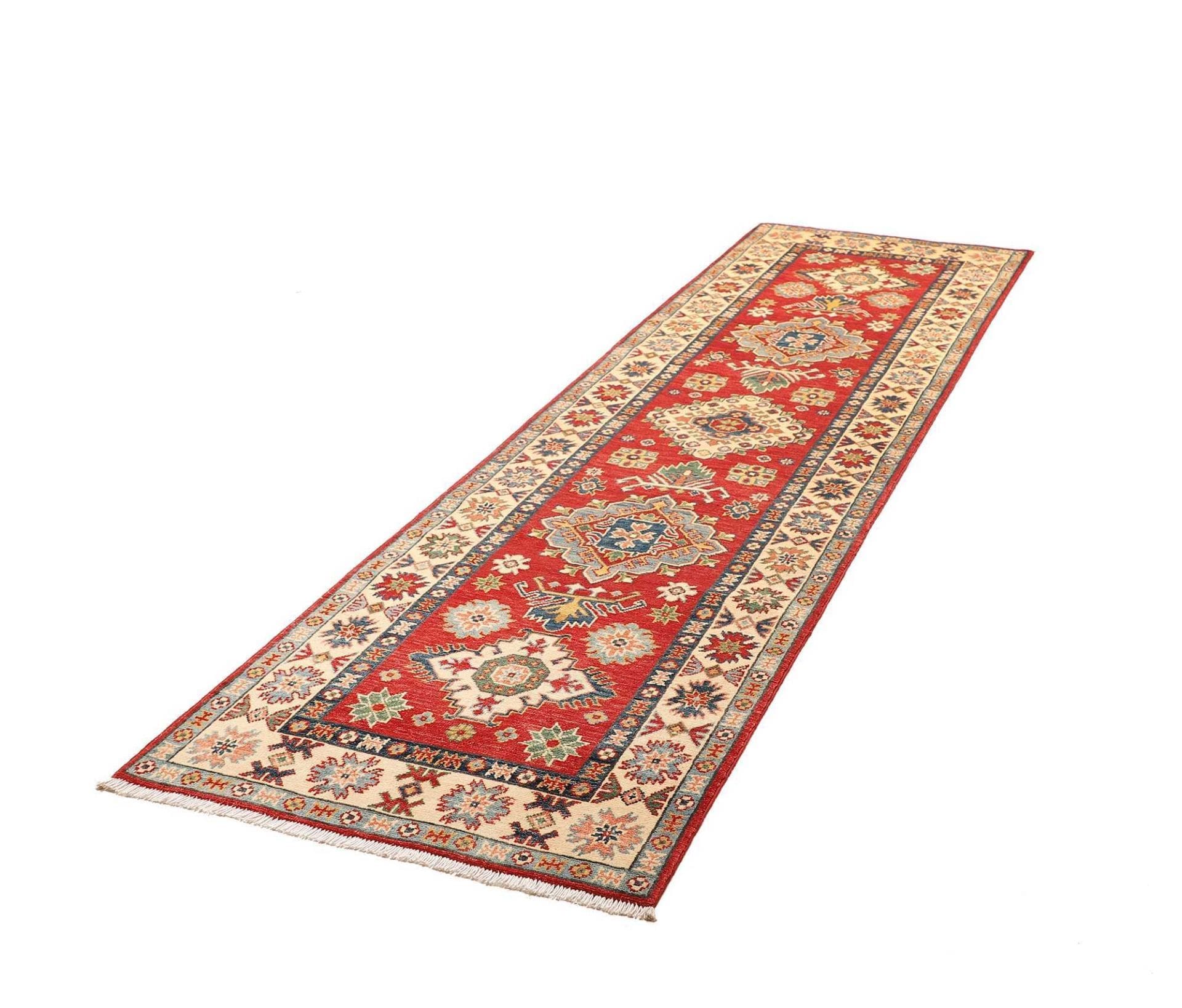 Kazak Teppich 85 x 295cm, geometrische Muster, handgeknüpft
