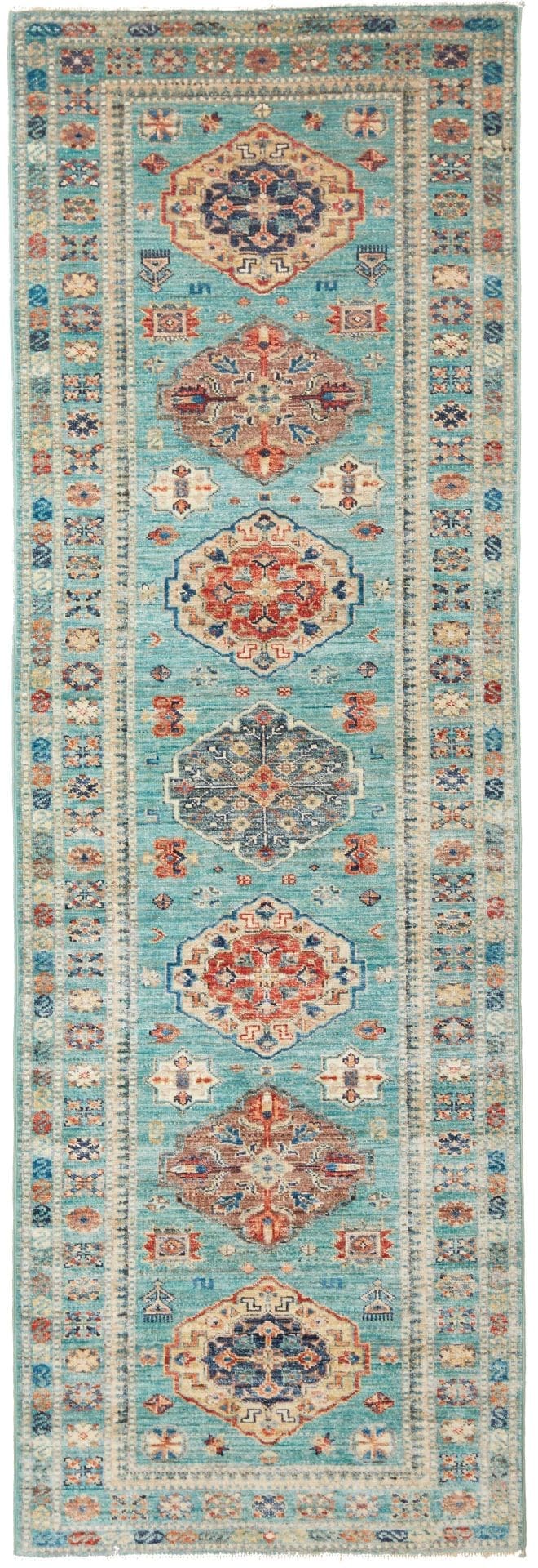 Kazak Teppich 85 x 250 cm, geometrisches Muster, handgeknüpft