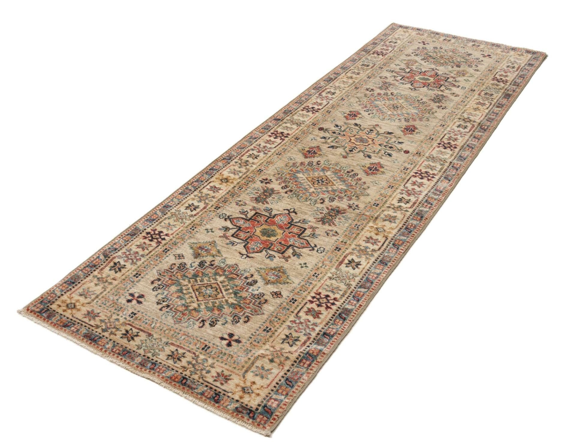 Kazak Teppich 86 x 256 cm, geometrische Muster, handgeknüpft