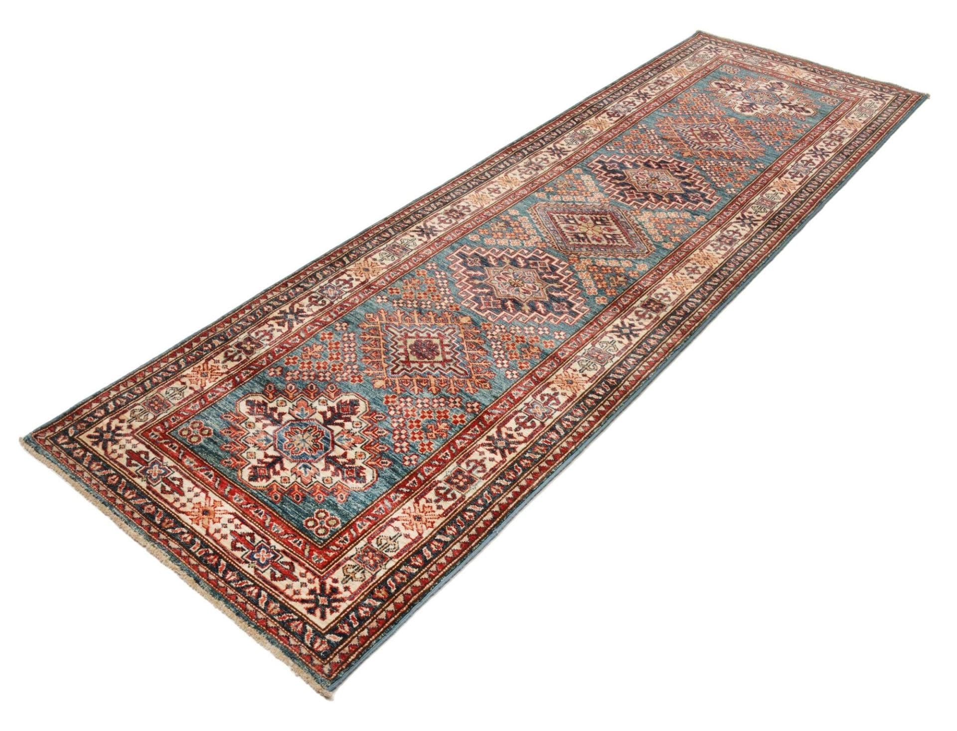 Kazak Teppich 88 x 271cm handgeknüpft mit geometrischen Mustern