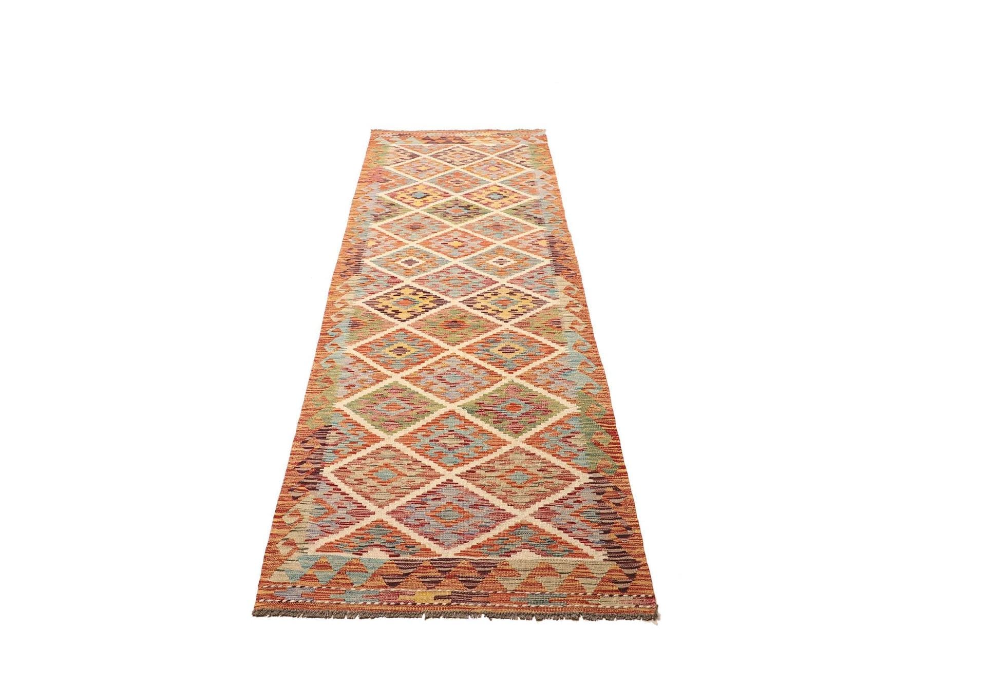 Kelim Teppich 88 x 256cm aus Schurwolle, handgewebt, rustikal