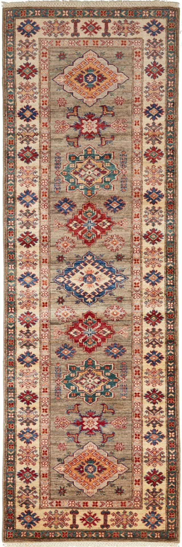 Kazak Teppich 85 x 258cm, handgeknüpft, geometrische Muster, Wolle