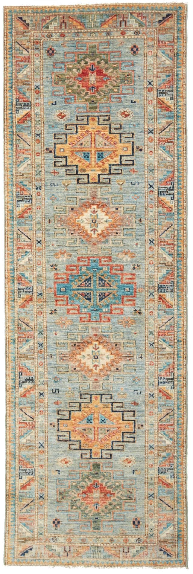 Kazak Orientteppich 85 x 257 cm, geometrisches Muster, handgeknüpft
