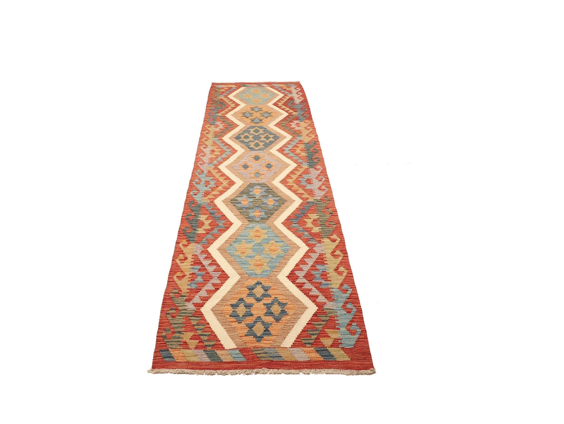 Kelim Teppich 86 x 294 cm, farbenfrohes Design, handgewebt