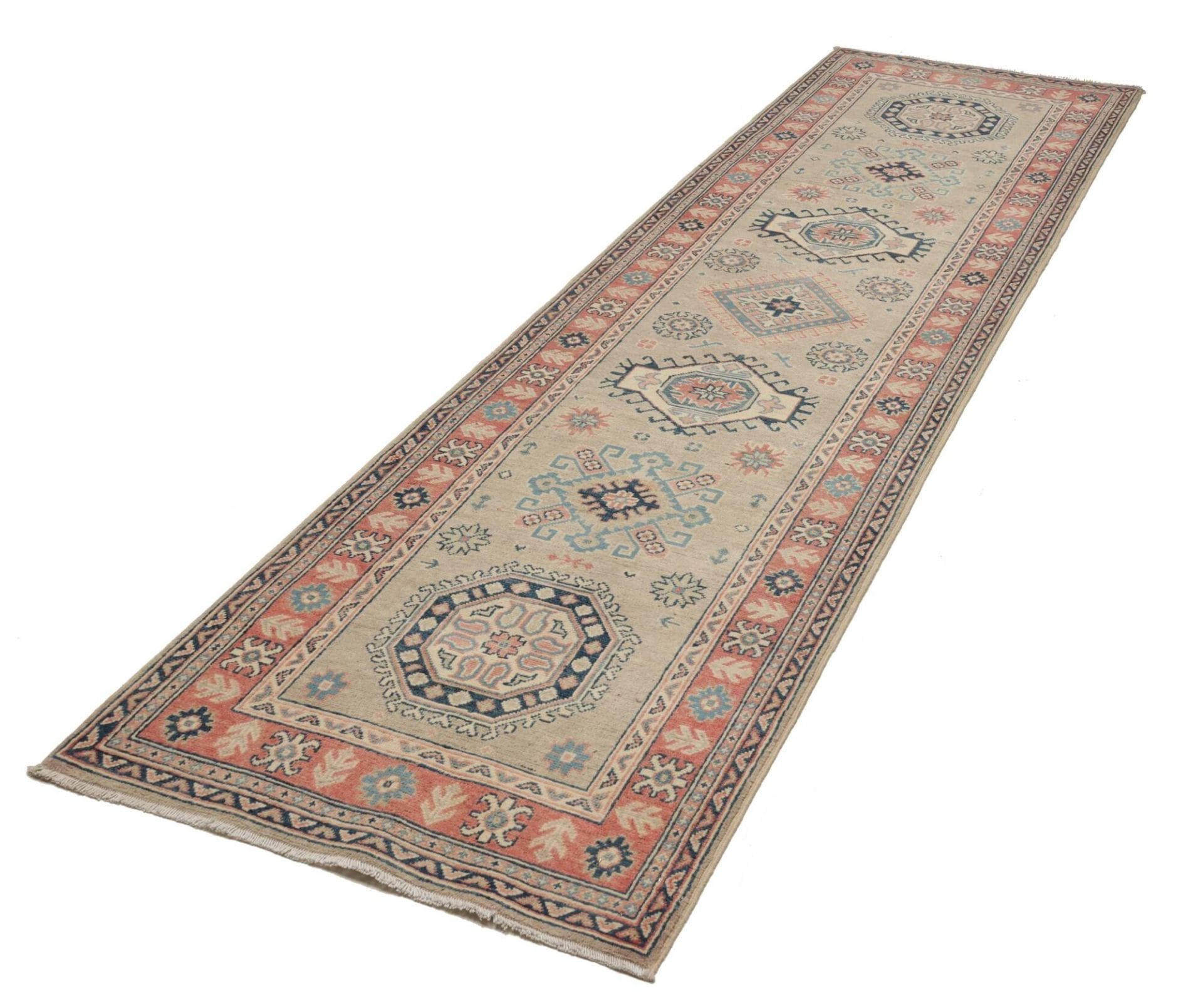 Kazak Teppich 86 x 300cm, geometrische Muster, handgeknüpft