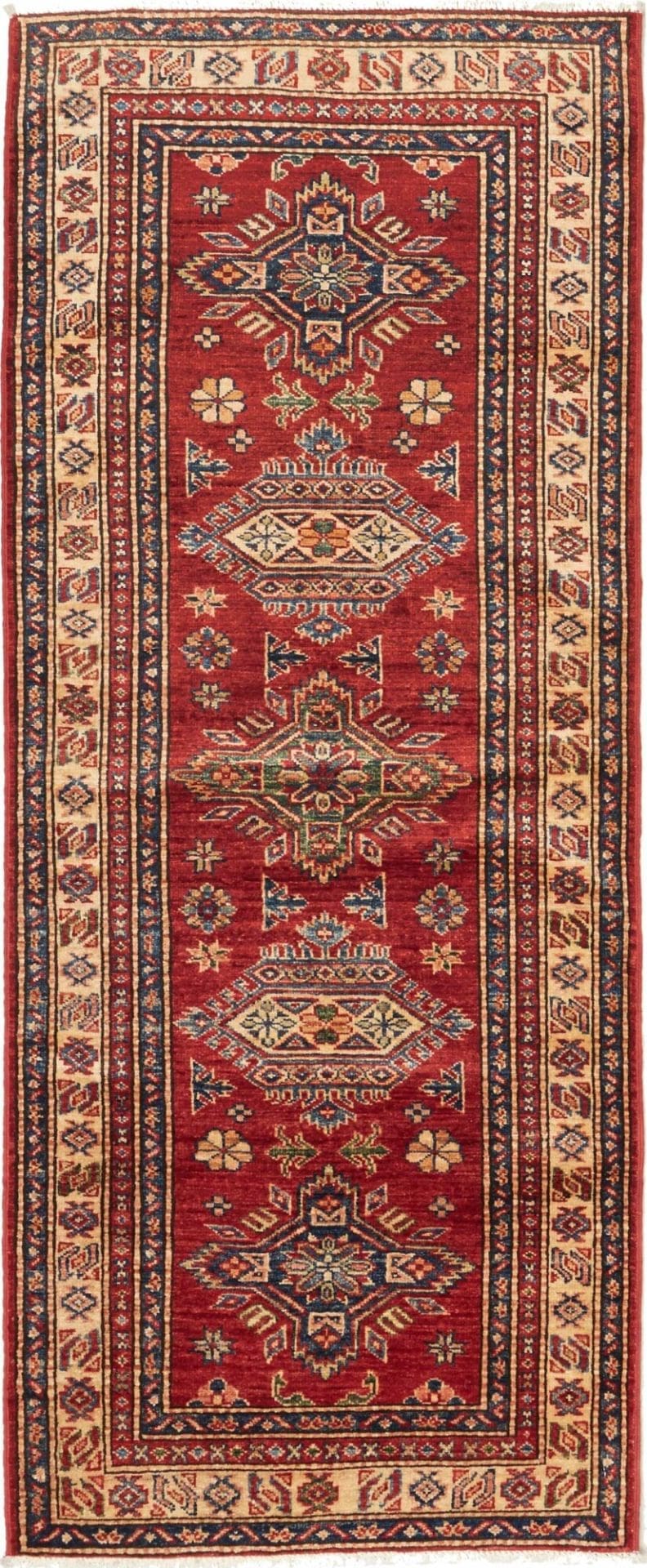 Kazak Orientteppich 79 x 212cm, Schurwolle, geometrische Muster, handgeknüpft