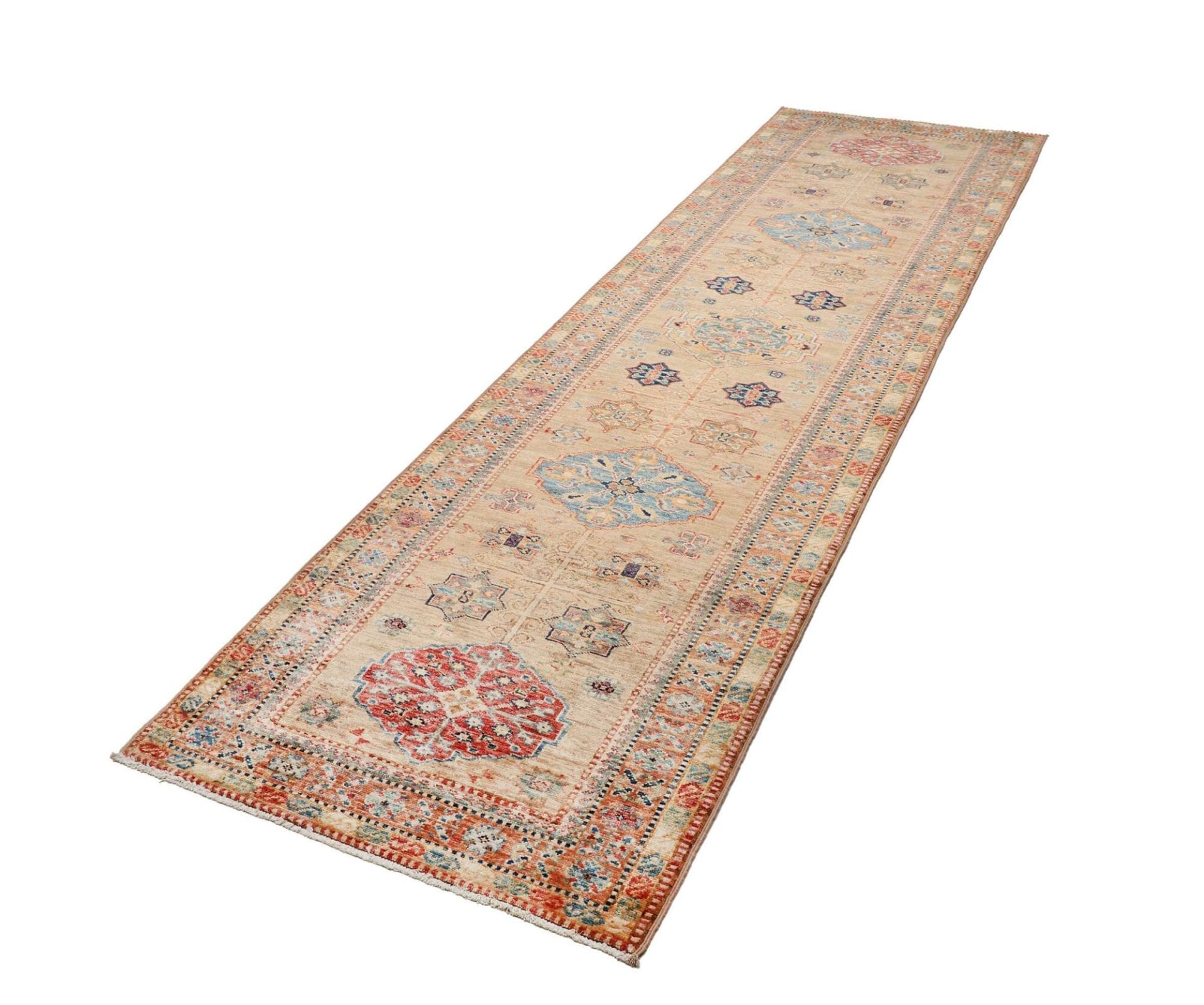 Kazak Teppich 86 x 296 cm, geometrisches Muster, handgeknüpft