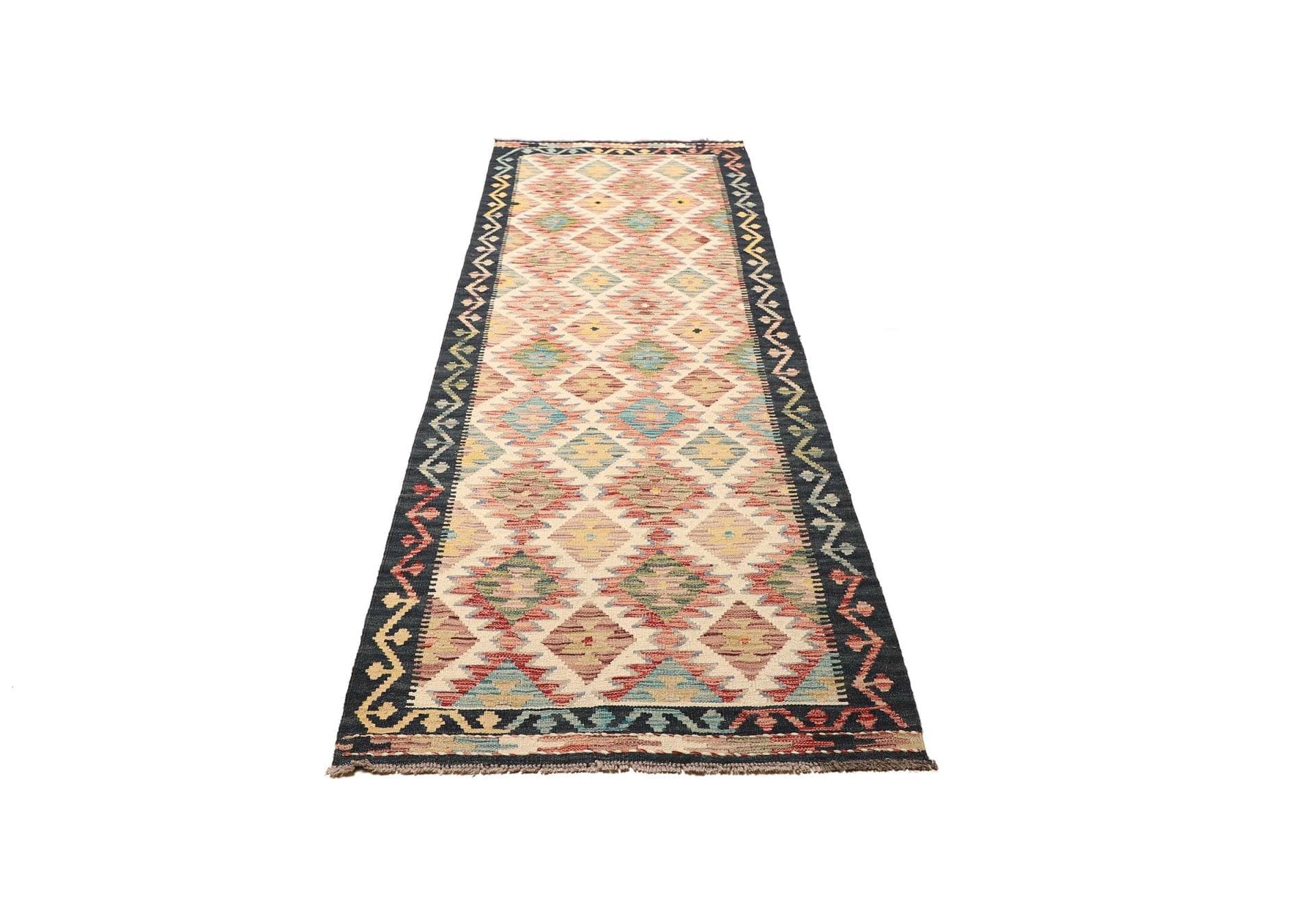 Kelim Teppich 86 x 252cm aus Schurwolle, handgewebt, rustikales Flair