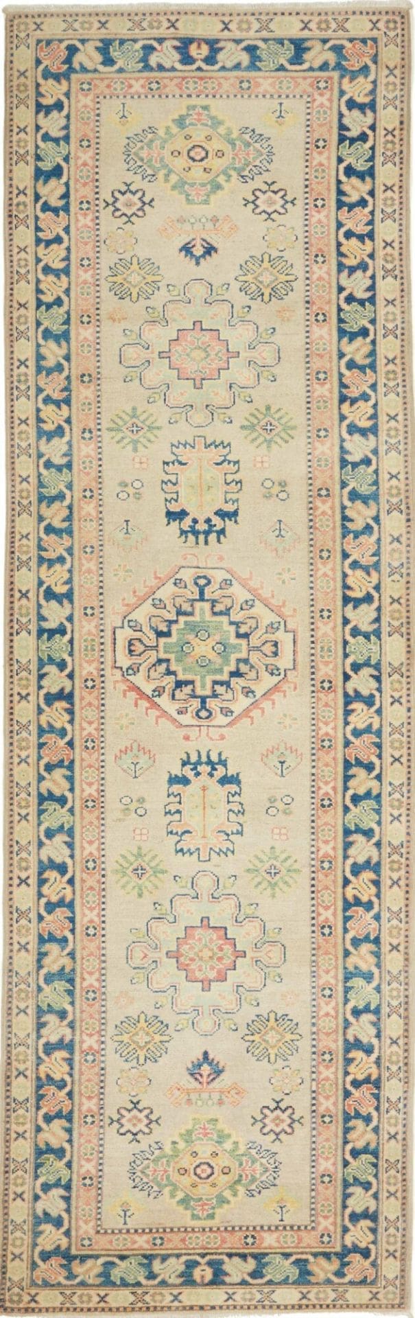 Kazak Orientteppich 88 x 287 cm, geometrisches Muster, handgeknüpft