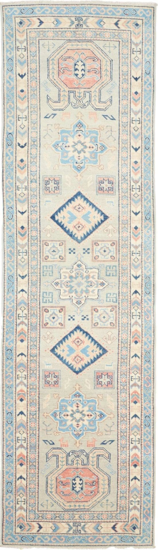Kazak Orientteppich 84 x 286 cm, geometrisches Muster, handgeknüpft