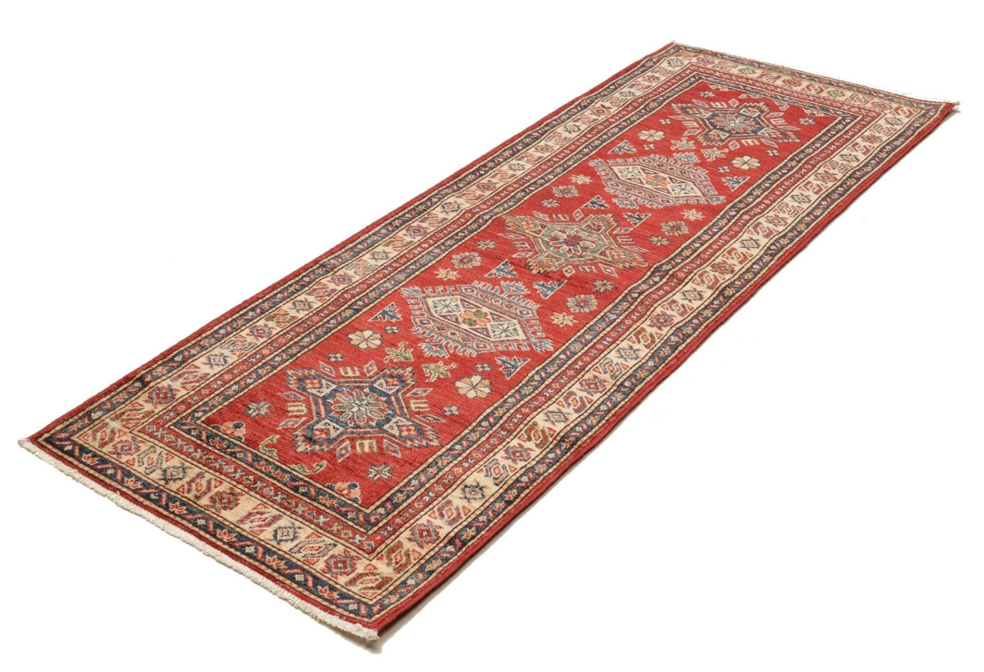 Kazak Orientteppich 79 x 212cm, Schurwolle, geometrische Muster, handgeknüpft