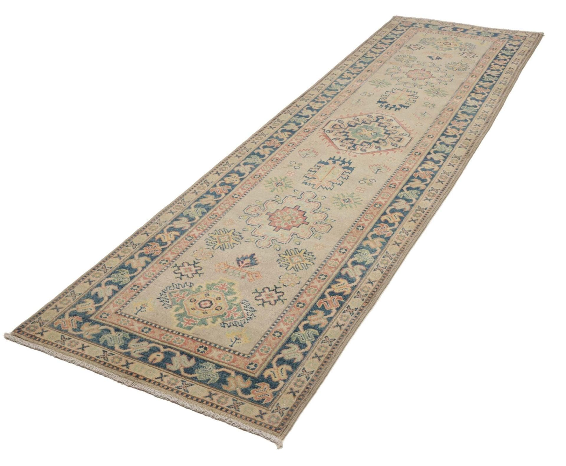 Kazak Orientteppich 88 x 287 cm, geometrisches Muster, handgeknüpft