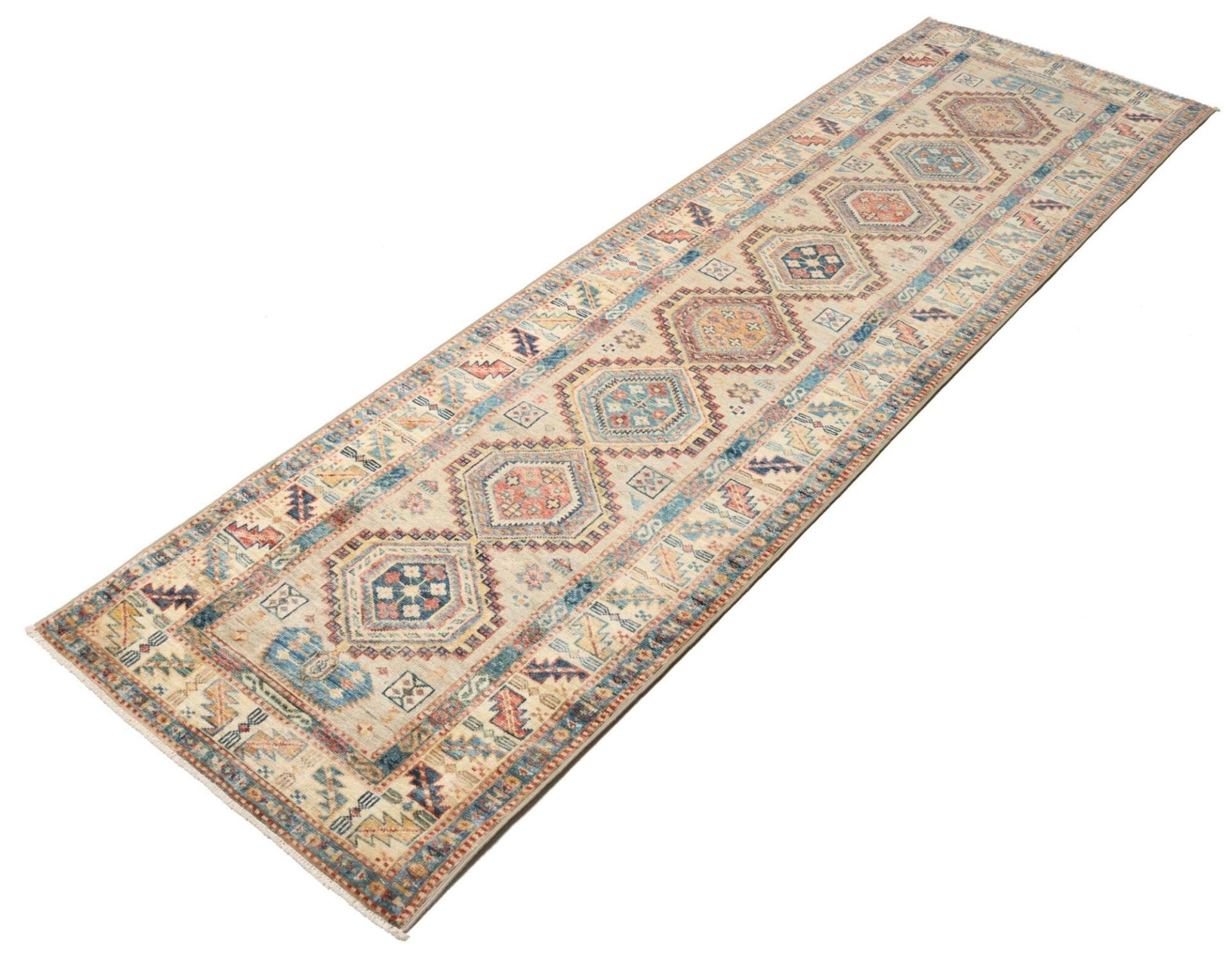 Kazak Teppich 78 x 252cm, geometrisches Muster, handgeknüpft