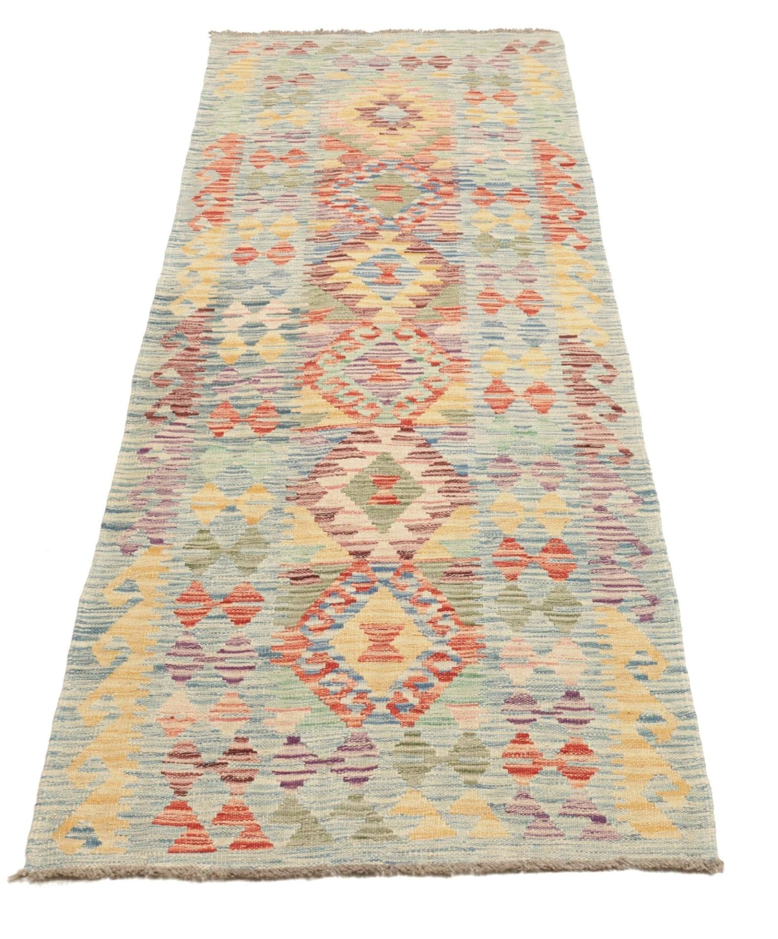 Kelim Teppich 84 x 244cm, handgewebt, rustikales Flair aus Wolle