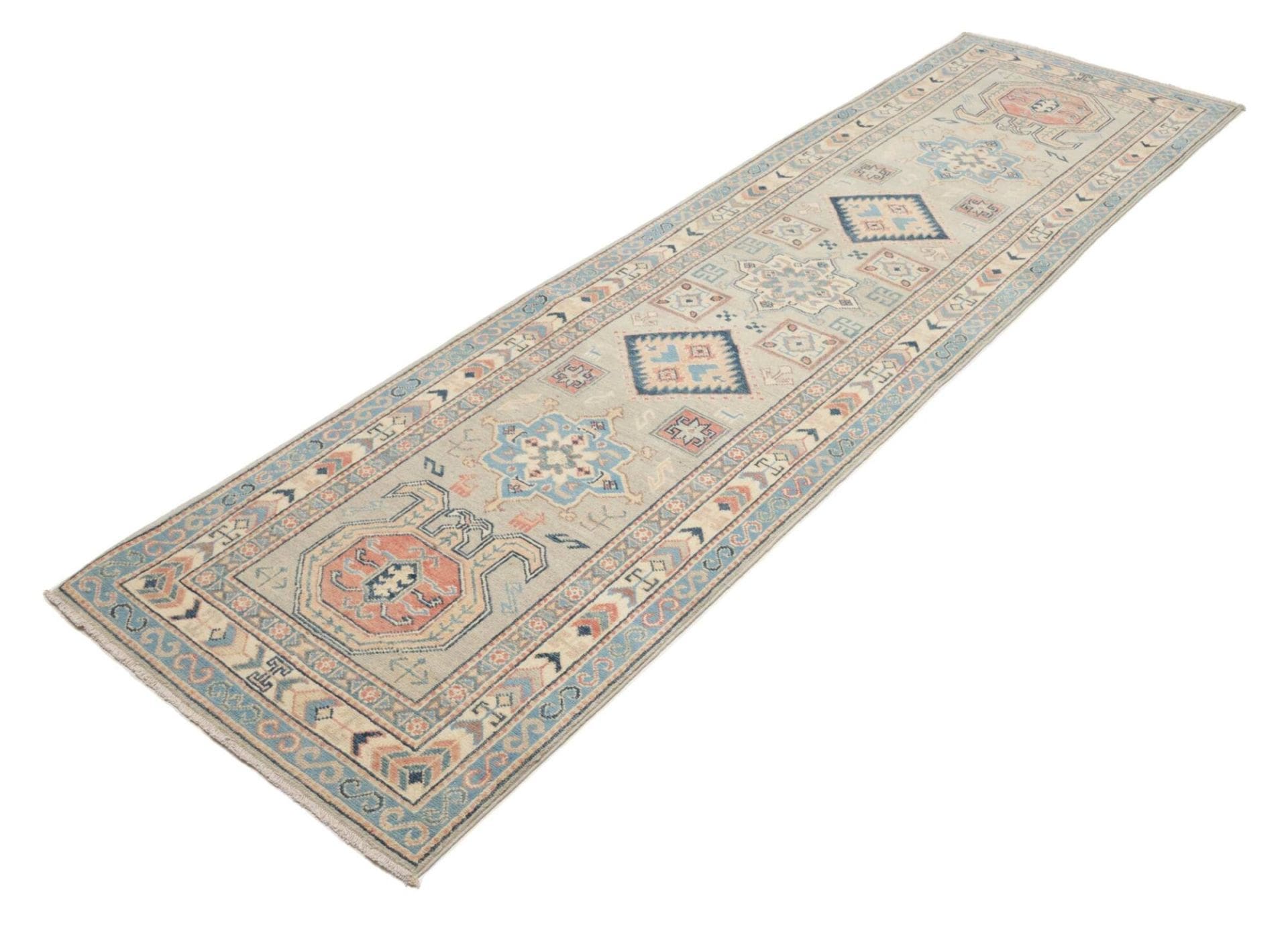 Kazak Orientteppich 84 x 286 cm, geometrisches Muster, handgeknüpft