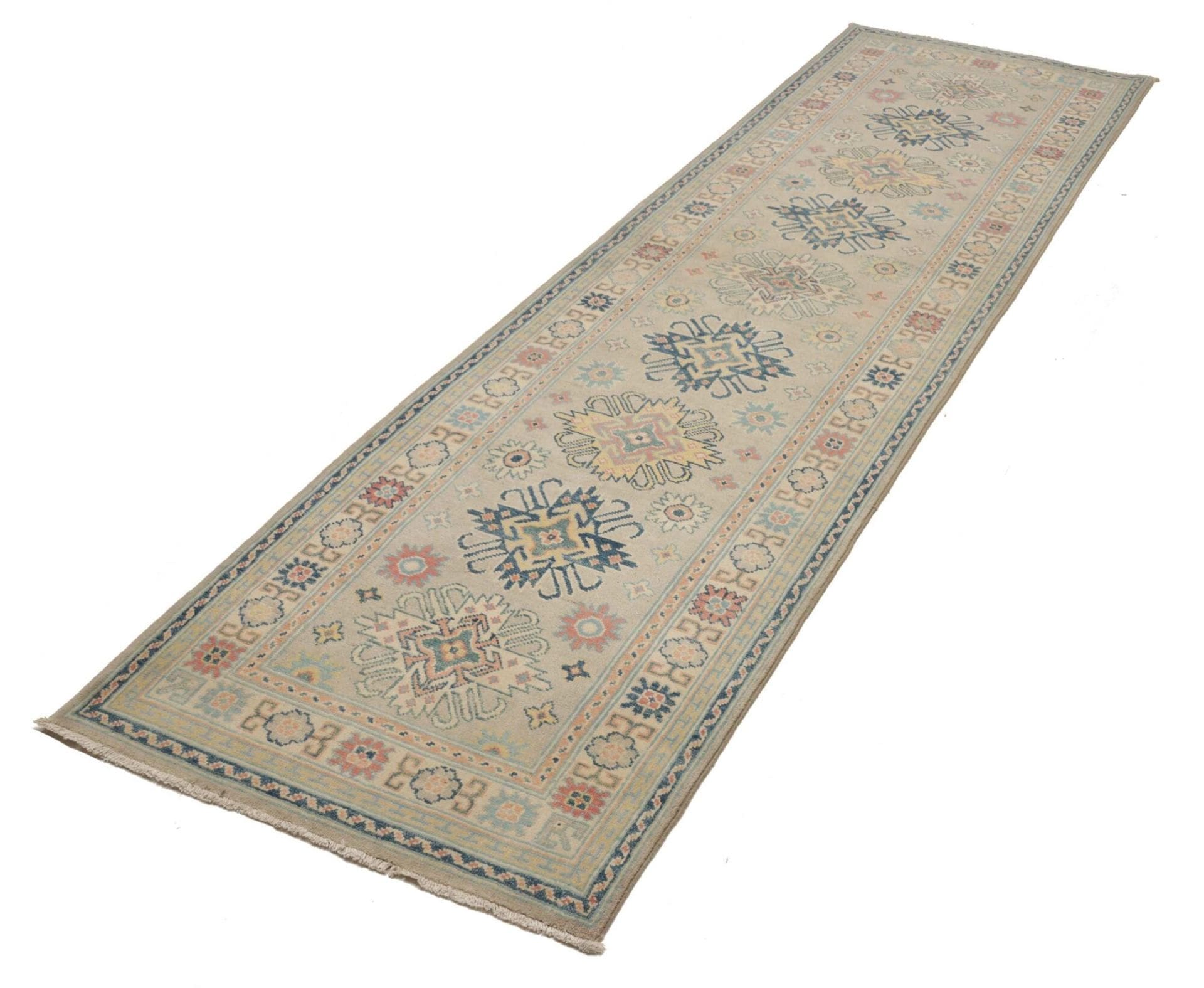 Kazak Orientteppich 86 x 292cm, geometrisches Muster, handgeknüpft