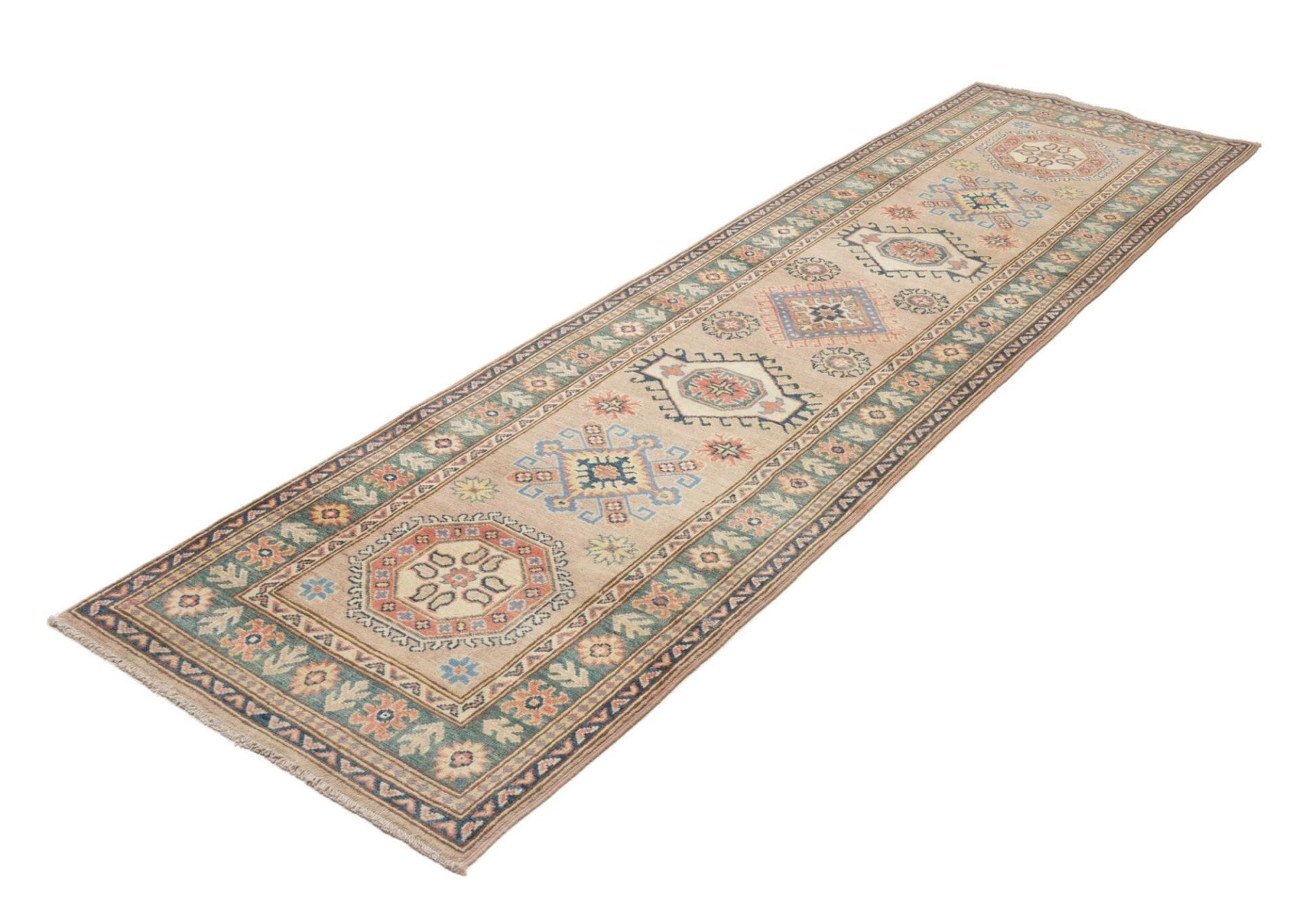 Kazak Teppich 85 x 295cm, geometrisches Muster, handgeknüpft