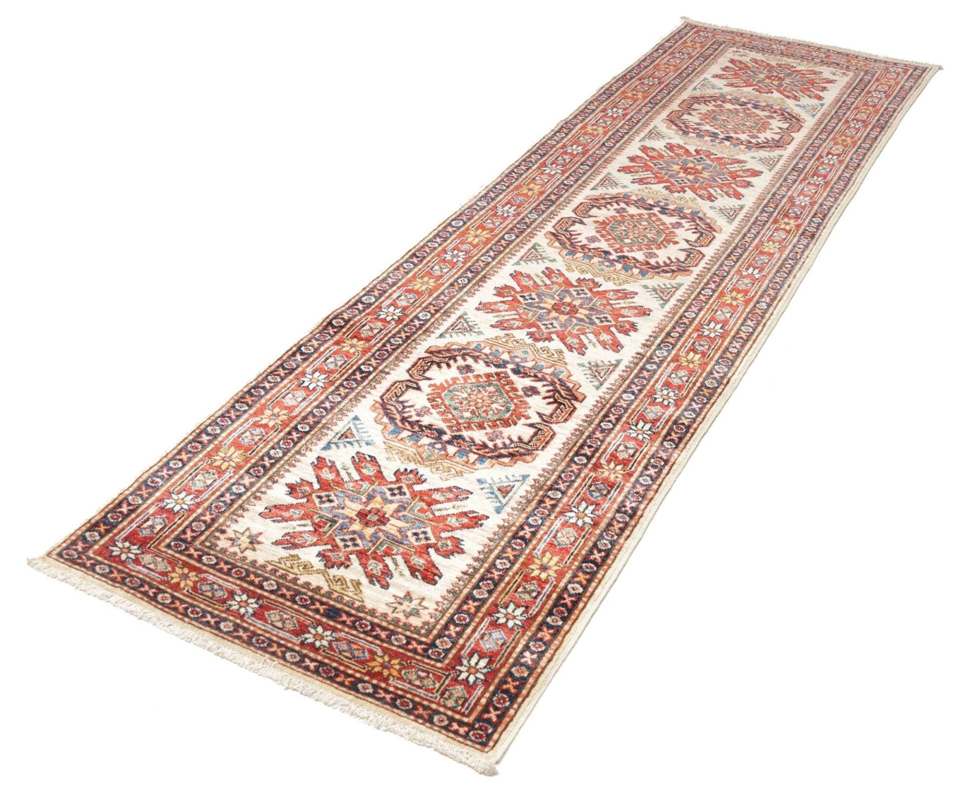 Kazak Teppich 85 x 268 cm, geometrisches Muster, handgeknüpft