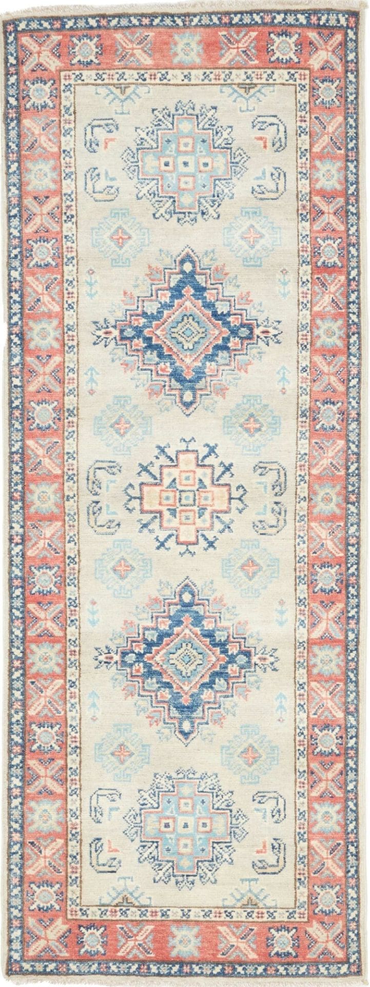 Kazak Orientteppich 70 x 187 cm, geometrische Muster, handgeknüpft
