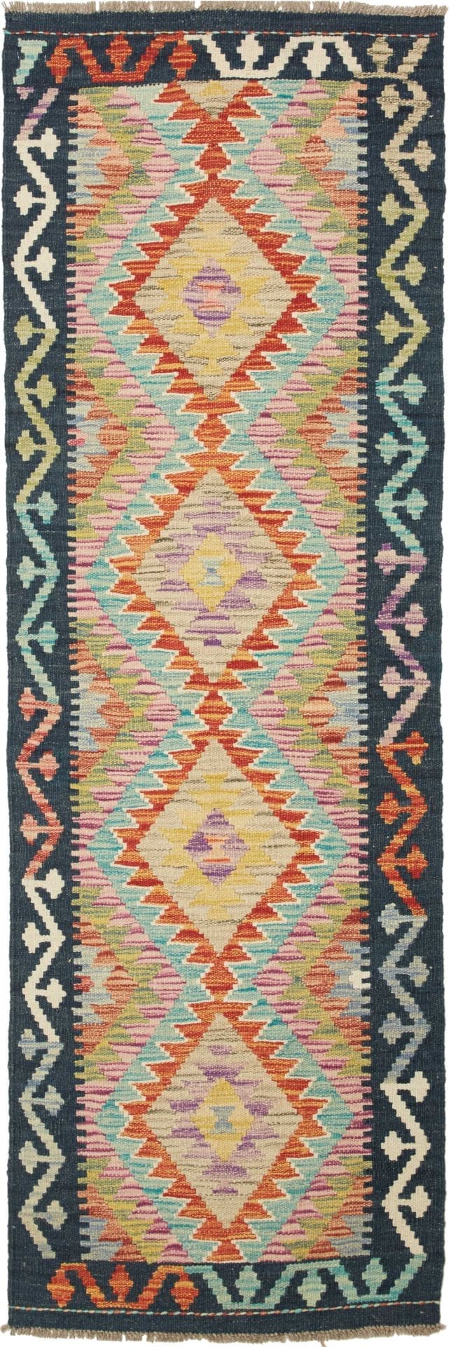 Kelim Teppich 65 x 198cm, handgewebt, rustikales Design, Wolle