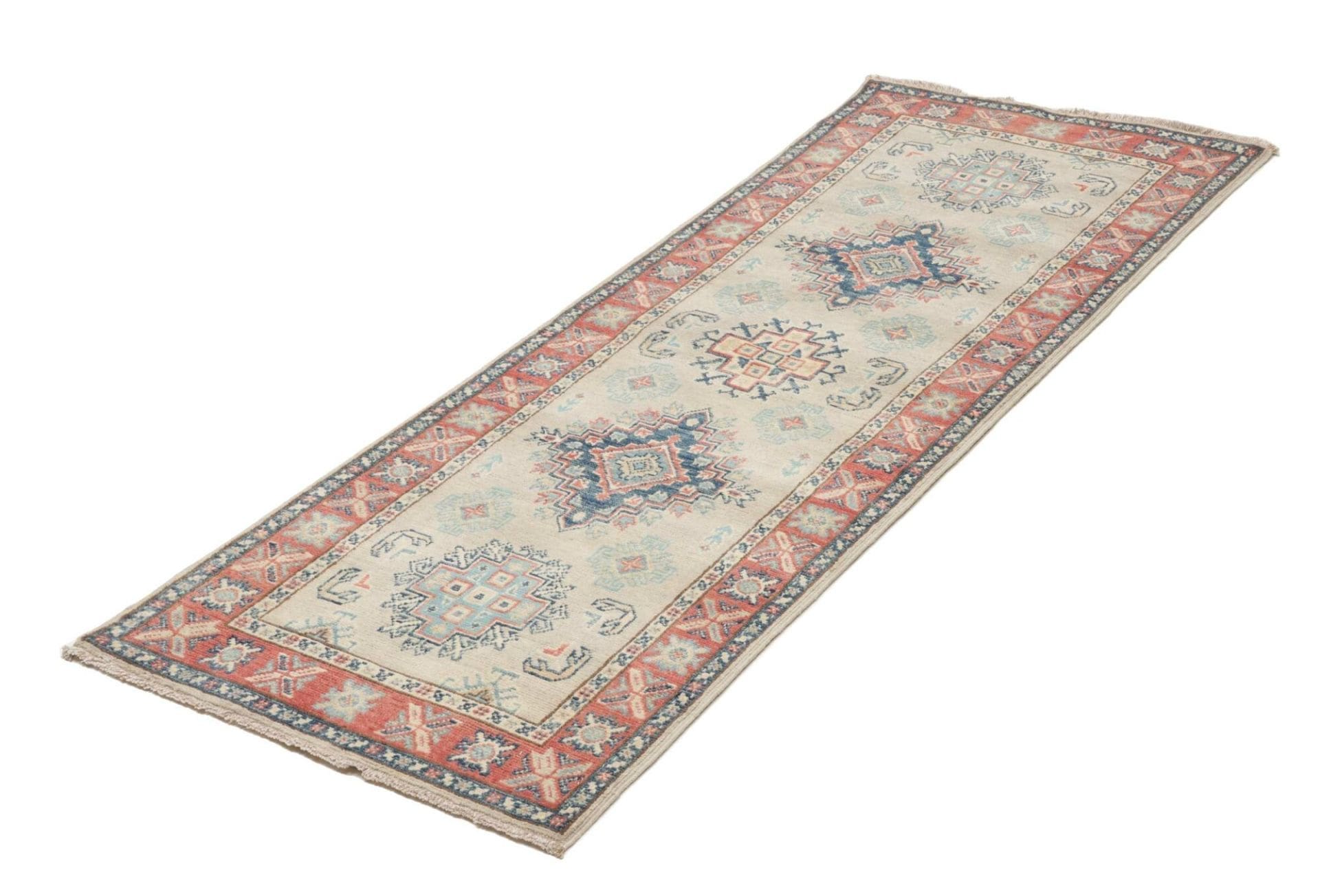 Kazak Orientteppich 70 x 187 cm, geometrische Muster, handgeknüpft