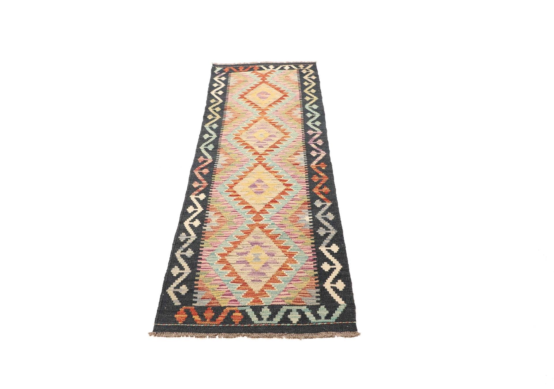 Kelim Teppich 65 x 198cm, handgewebt, rustikales Design, Wolle