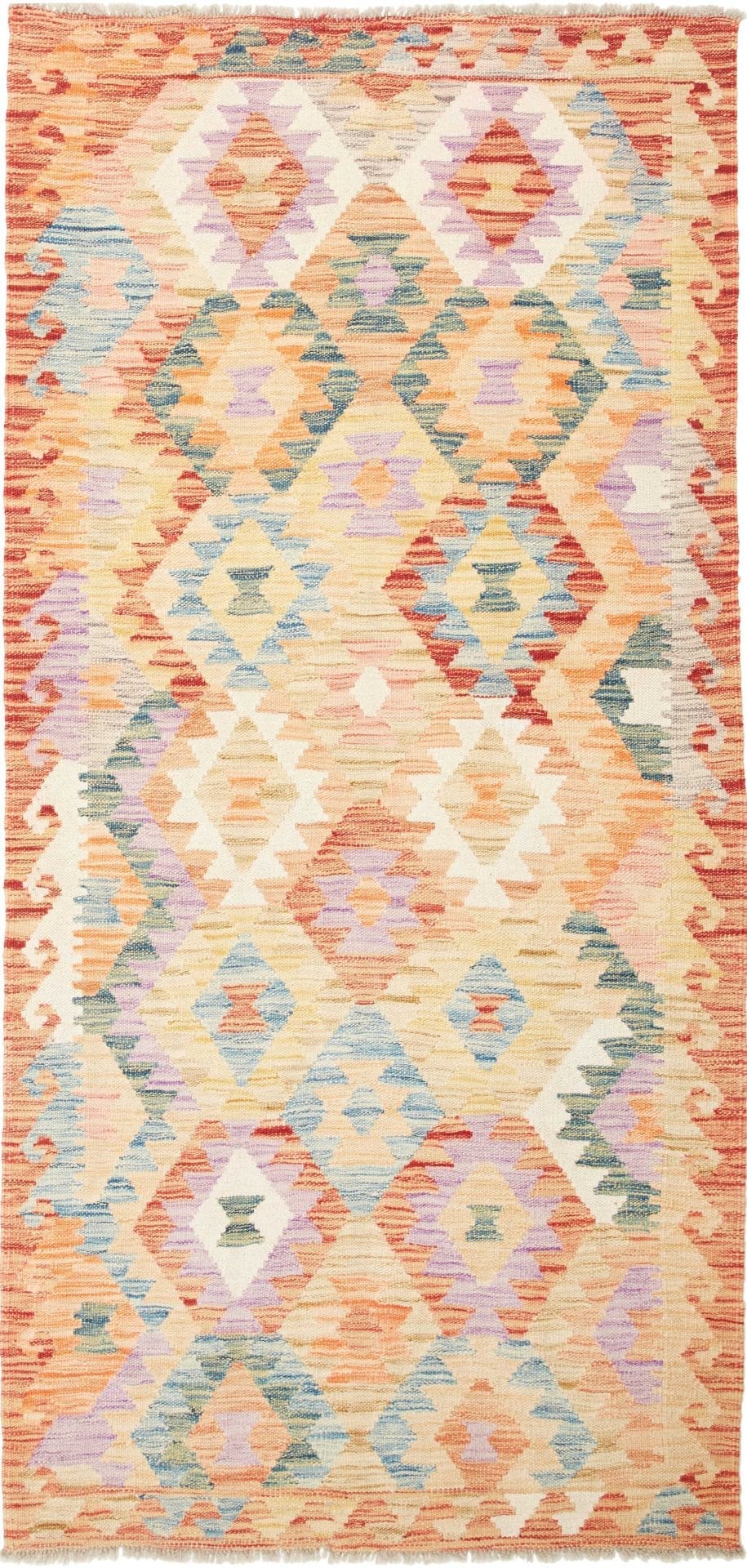 Kelim Teppich 98 x 200cm, handgewebt, rustikales Flair, Wolle