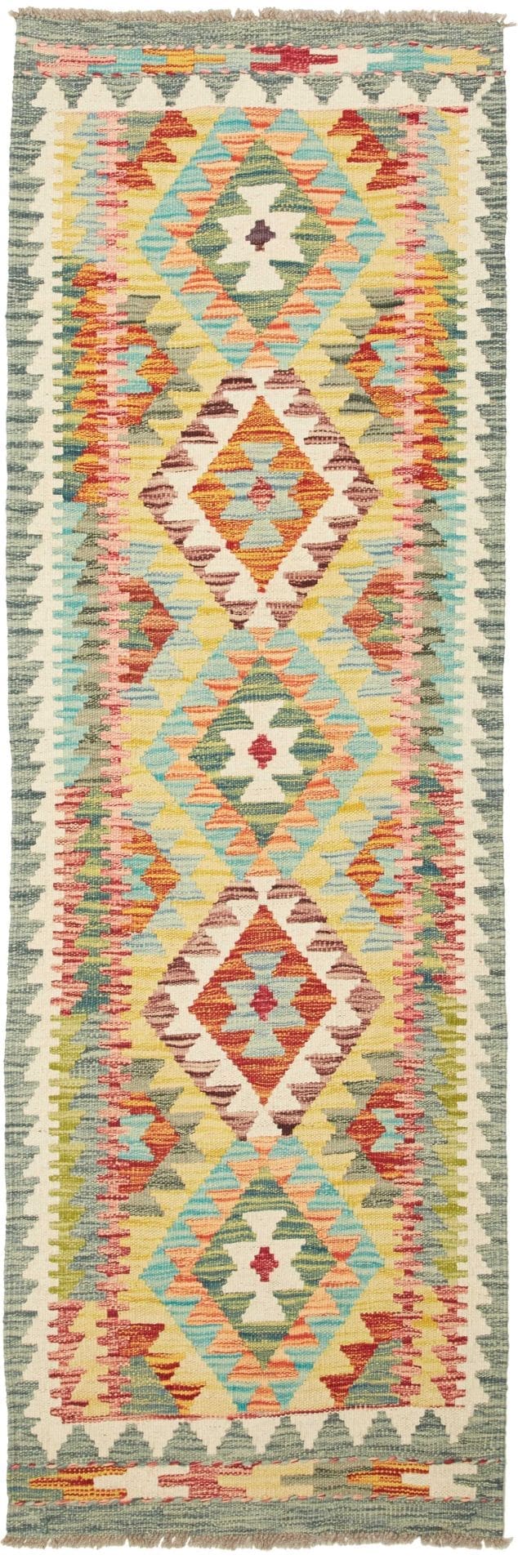 Kelim Teppich 65 x 189cm aus Schurwolle, handgewebt, rustikales Flair