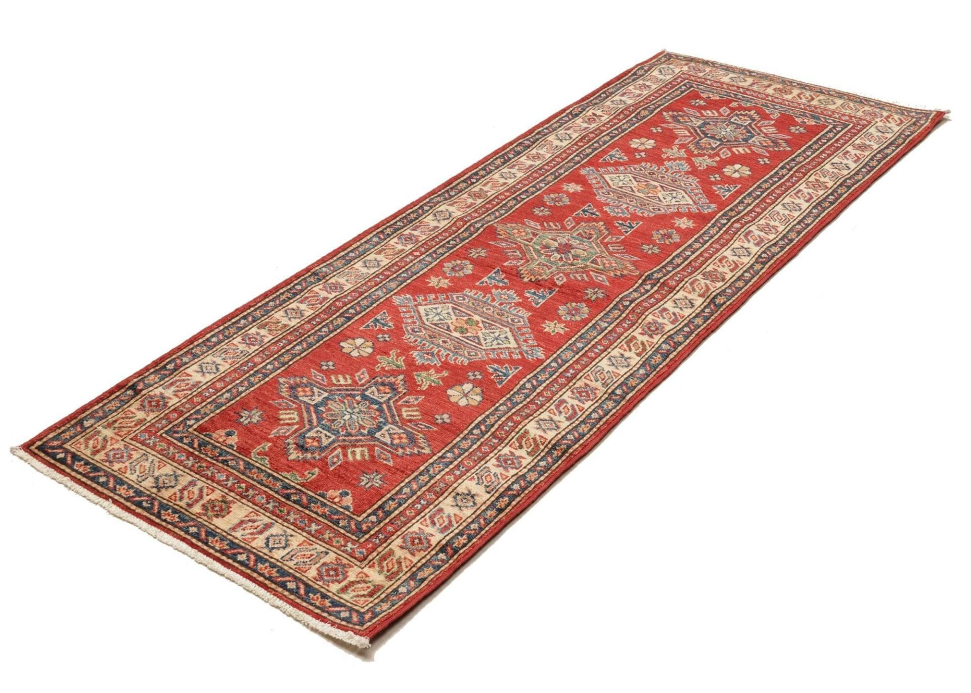 Kazak Orientteppich 81 x 198cm, geometrische Muster, handgeknüpft
