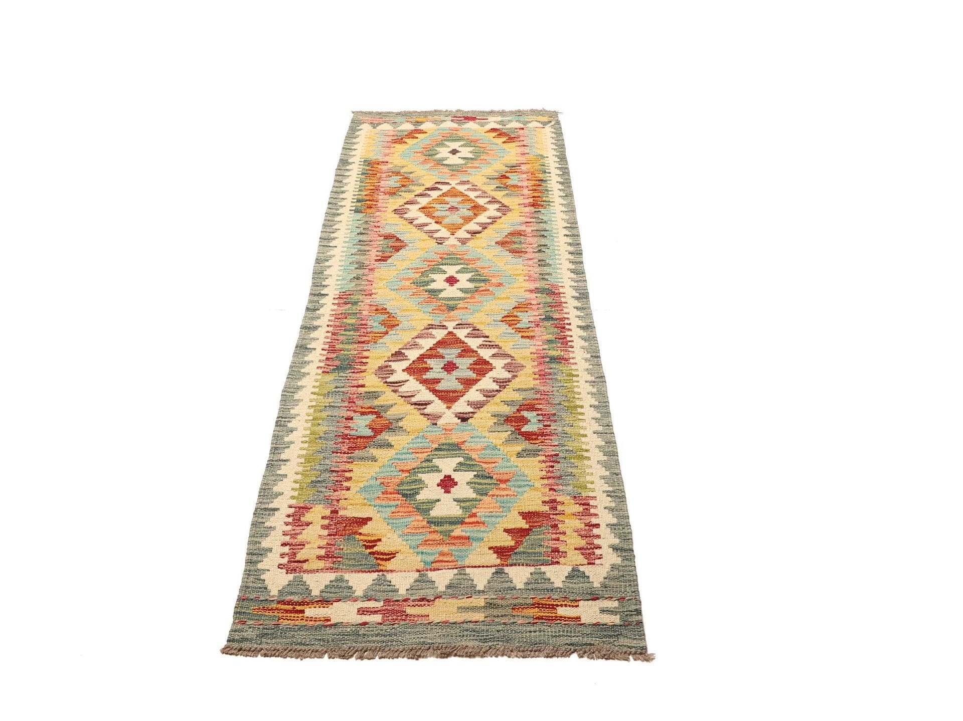 Kelim Teppich 65 x 189cm aus Schurwolle, handgewebt, rustikales Flair