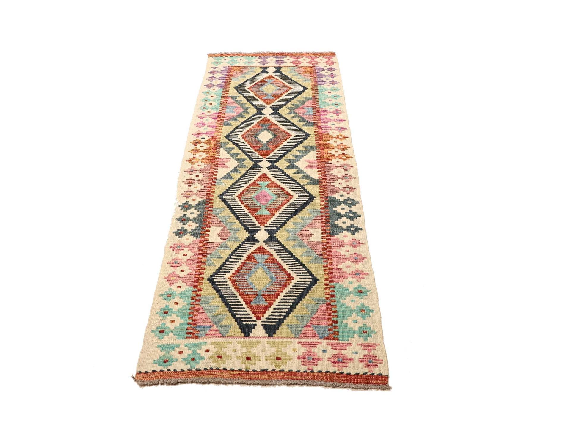 Handgewebter Kelim Teppich 67 x 188 cm aus Schurwolle, bunt
