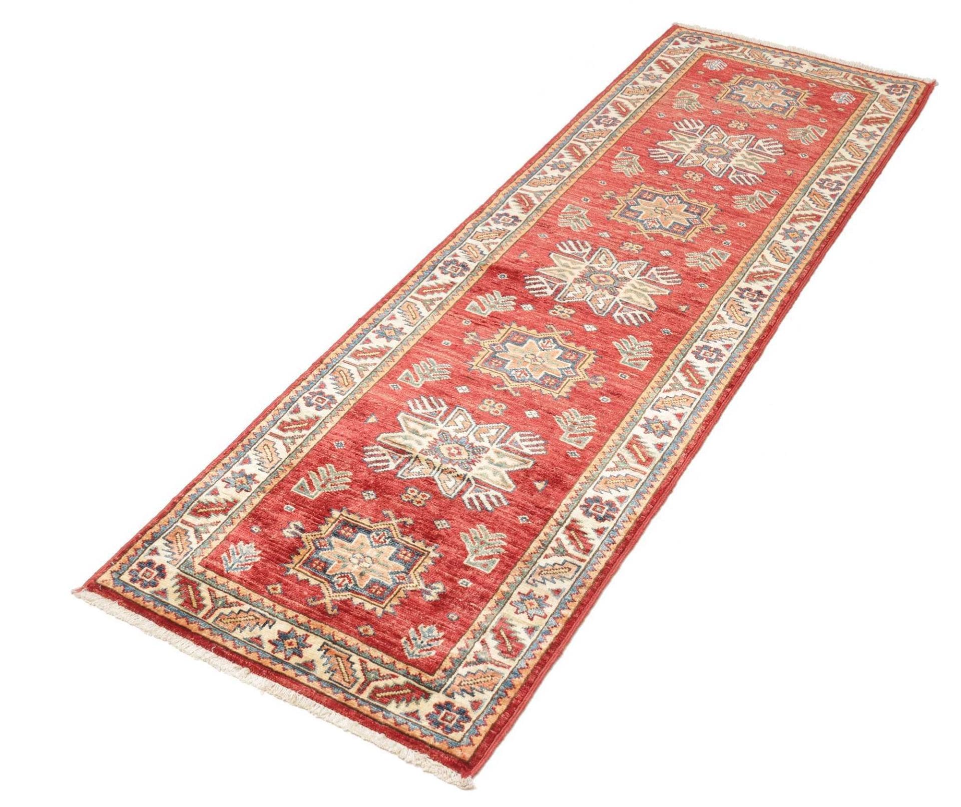 Kazak Orientteppich 62 x 185cm, geometrisches Muster, handgeknüpft