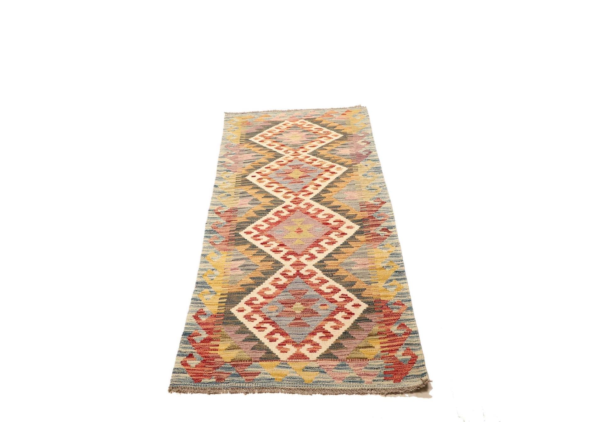 Handgewebter Kelim Teppich 64 x 175cm aus Schurwolle, bunt