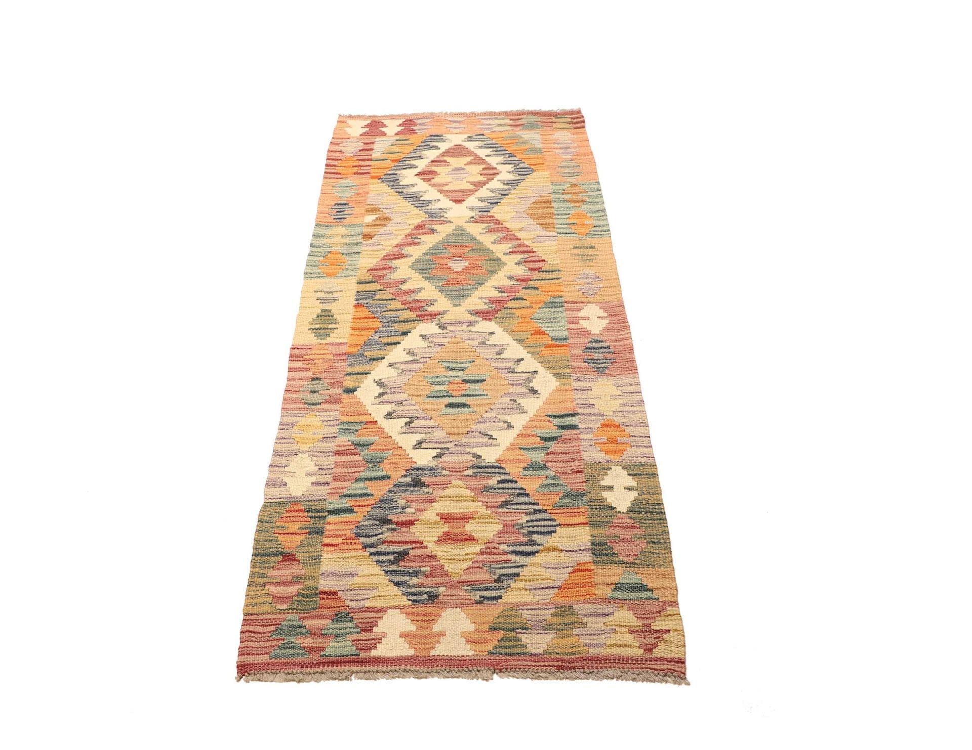 Kelim Teppich 69 x 179cm aus Schurwolle, handgewebt, rustikal